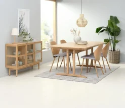 AALBORG L180/270 tafel eiken + 4 HORNE stoelen eiken/grijs