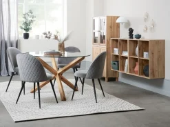 AGERBY Ø119 tafel eiken + 4 KOKKEDAL stoelen fluweel grijs