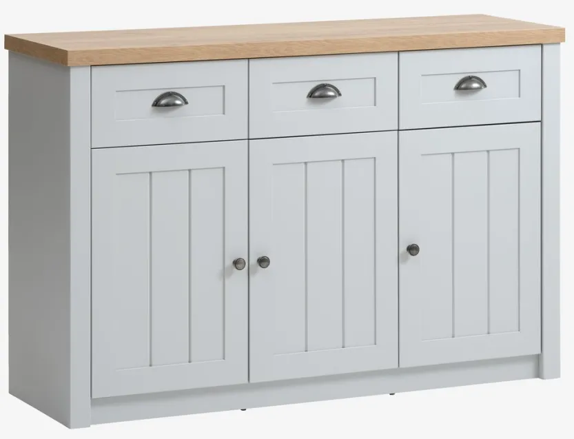 Dressoir MARKSKEL 3 deuren lichgrijs/eiken kleur