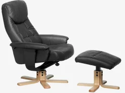 Fauteuil HUNDSLUND met voetenbank zwart kunstleer