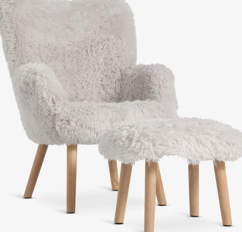 Fauteuil HVILSTED met voetenbank off-white teddy/naturel