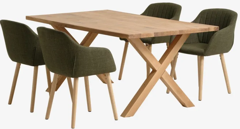 GRIBSKOV L180 tafel eiken + 4 ADSLEV stoelen olijfgroen