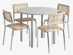 HANSTED Ø100 tafel warmgrijs + 4 HASSING stoelen rotan