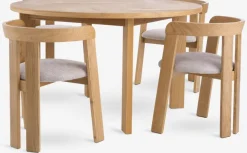 HARESKOV Ø129 tafel eiken + 4 BOVRUP stoelen eiken/beige