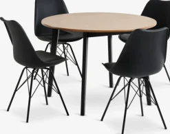 JEGIND Ø105 tafel eiken/zwart + 4 KLARUP stoelen zwart