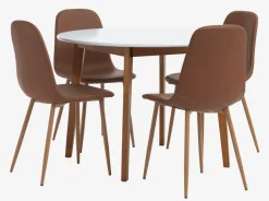 JEGIND Ø105 tafel wit + 4 JONSTRUP cognac/eiken