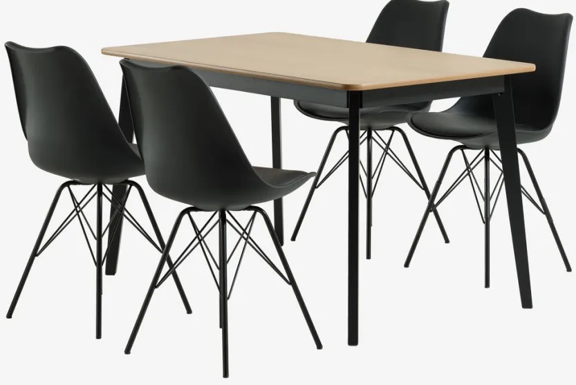 JEGIND L130 tafel eiken/zwart + 4 KLARUP stoelen zwart
