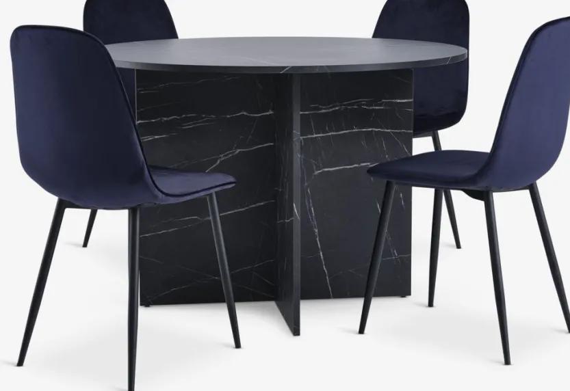 KRONDAL Ø110 tafel marmer + 4 BISTRUP fluweel donkerblauw