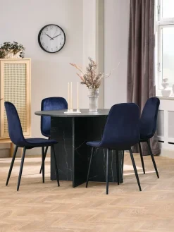 KRONDAL Ø110 tafel marmer + 4 BISTRUP fluweel donkerblauw