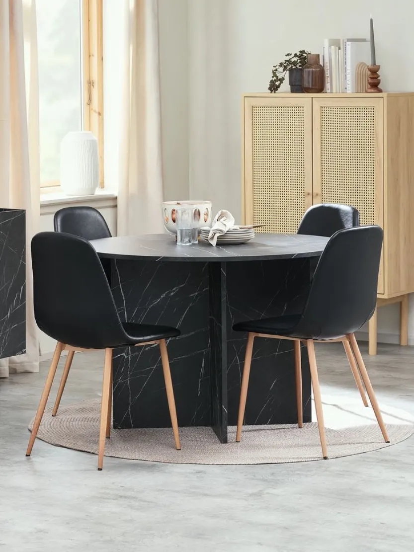 KRONDAL Ø110 tafel marmer + 4 JONSTRUP stoelen zwart/eiken