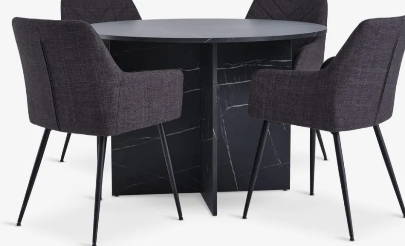 KRONDAL Ø110 tafel marmer + 4 PURHUS stoelen grijs/zwart
