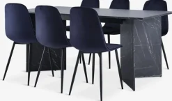 KRONDAL L180 tafel marmer + 4 BISTRUP fluweel donkerblauw