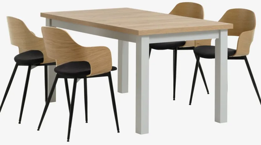 MARKSKEL L150/193 tafel lichtgrijs + 4 HVIDOVRE stoelen eik