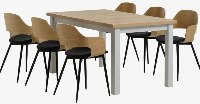 MARKSKEL L150/193 tafel lichtgrijs + 4 HVIDOVRE stoelen eik