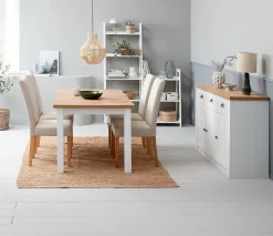 MARKSKEL L150/193 tafel wit/eiken + 4 TUREBY stoelen beige