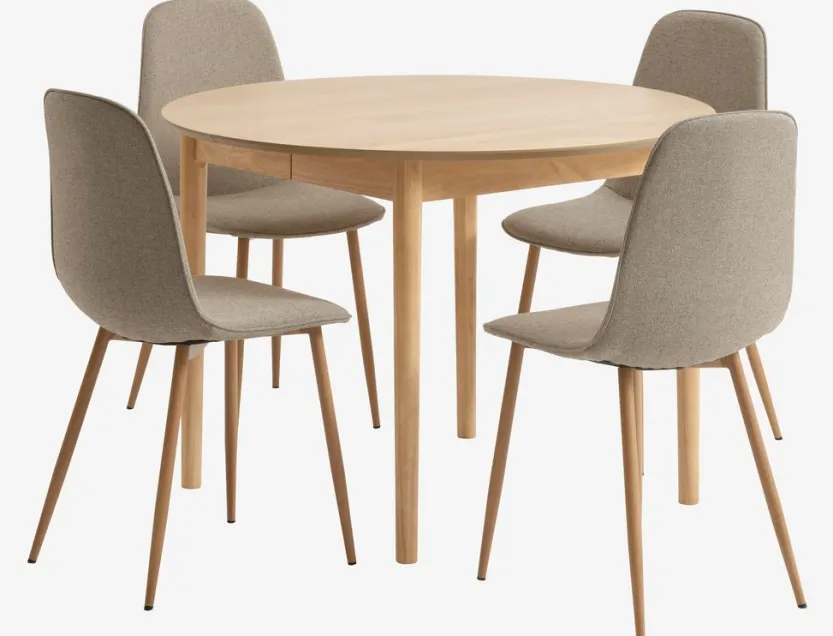 MARSTRAND Ø110 tafel eiken + 4 BISTRUP stoelen zand