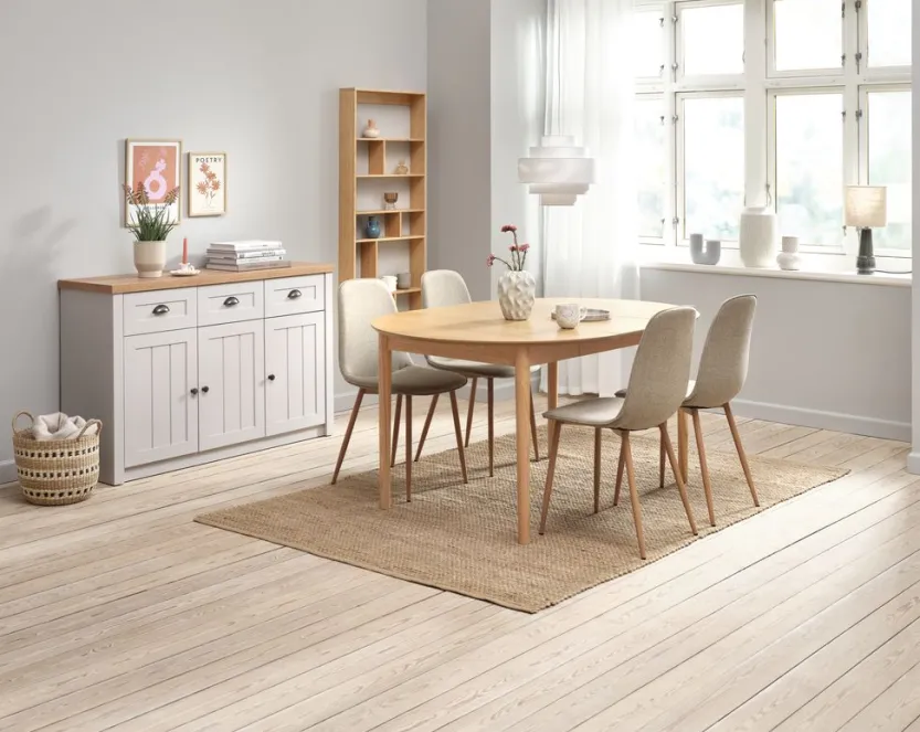 MARSTRAND Ø110 tafel eiken + 4 BISTRUP stoelen zand