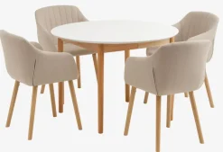 MARSTRAND Ø110 tafel wit + 4 ADSLEV stoelen beige