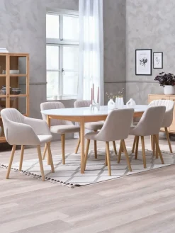 MARSTRAND L200/280 tafel wit + 4 ADSLEV stoelen beige
