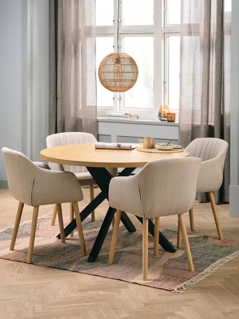 NORTOFT Ø120 tafel eiken + 4 ADSLEV stoelen beige/eiken