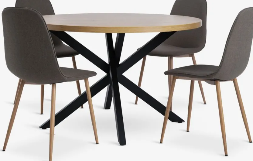 NORTOFT Ø120 tafel eiken + 4 BISTRUP stoelen olijf/eiken