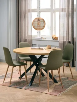 NORTOFT Ø120 tafel eiken + 4 BISTRUP stoelen olijf/eiken