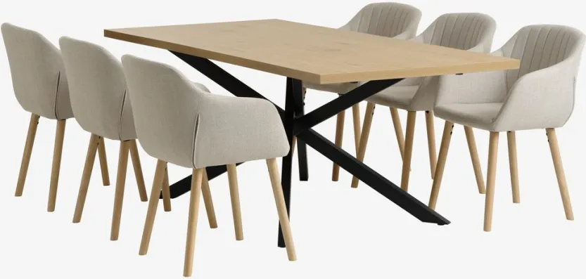 NORTOFT L200 tafel eiken + 4 ADSLEV stoelen beige stof