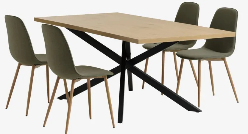 NORTOFT L200 tafel eiken + 4 BISTRUP stoelen olijf