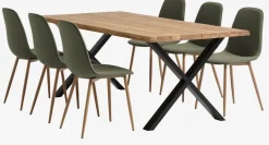 ROSLEV L200 tafel naturel eiken + 4 BISTRUP stoelen olijf