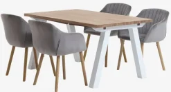 SKAGEN L150 tafel wit/eiken + 4 ADSLEV stoelen fluweel grijs
