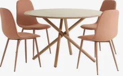 SKIBET Ø120 tafel licht eiken + 4 BISTRUP stoelen perzik