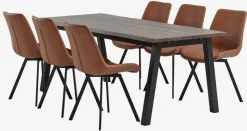 SKOVLUNDE L200 tafel donker eiken +4 HYGUM stoelen cognac