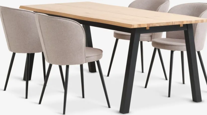 SKOVLUNDE L200 tafel naturel eiken + 4 RISSKOV lichtgrijs