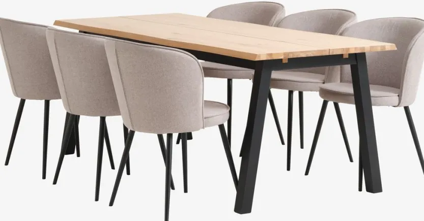 SKOVLUNDE L200 tafel naturel eiken + 4 RISSKOV lichtgrijs