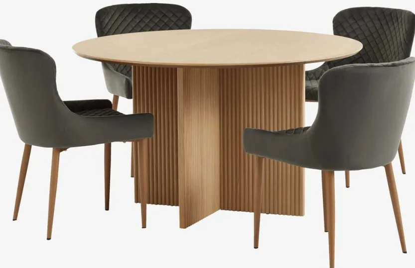 VESTERBORG Ø130 tafel eiken + 4 PEBRINGE stoelen grijs